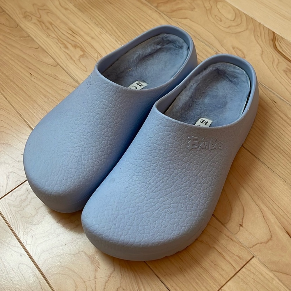 NEW Birkenstock Super-Birki Boston Shearling Dusty Blue Vegan Clog 7.5/3